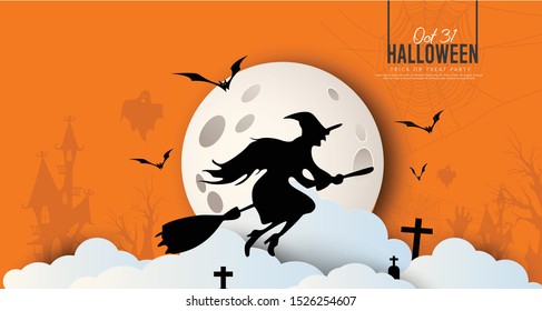 Happy Halloween banner or party invitation background with night clouds and pumpkins Full moon in the sky, spiders web and flying bats