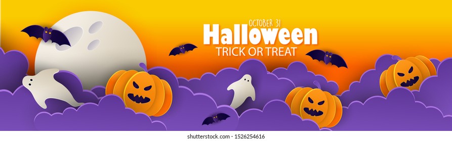 Happy Halloween banner or party invitation background with night clouds and pumpkins Full moon in the sky, spiders web and flying bats