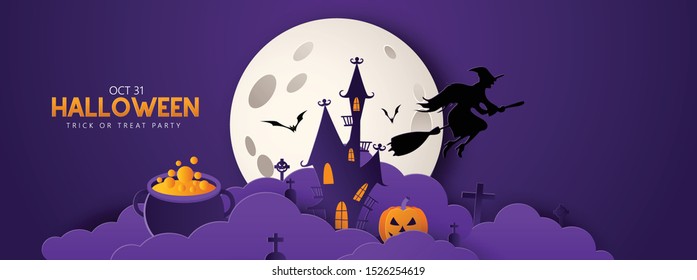 Happy Halloween banner or party invitation background with night clouds and pumpkins Full moon in the sky 