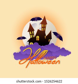 Happy Halloween banner or party invitation background with night clouds and Full moon in the sky, flying bats