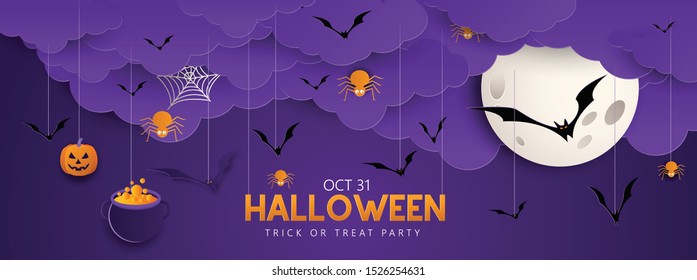 Happy Halloween banner or party invitation background with night clouds and pumpkins Full moon in the sky, spiders web and flying bats