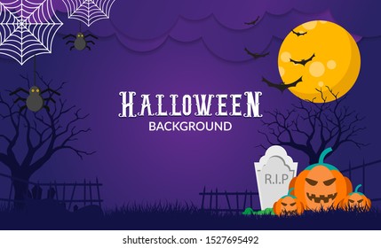 	
Happy Halloween banner or party invitation background with night clouds and pumpkins. Vector illustration. Full moon in the sky, spiders web and flying bats. Place for text. Eps 10