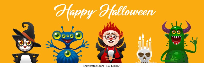 Happy Halloween banner or party invitation. Autumn holiday invitation card design layout.
Helloween horizontal poster with cute characters. Vector illustration