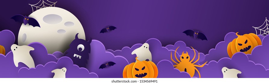 Happy Halloween banner or party invitation background with night and pumpkins Vector illustration. Full moon in the sky, spiders web and flying bats. Place for text