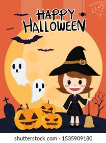 happy halloween banner or party invitation background. Full moon in the sky, spiders web and flying bats. Place for text