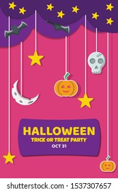 Happy Halloween banner or party invitation background Vector illustration. Scary banners with night clouds, abstract liquid, moonlight, flying bats, and etc. Modern Flat Style. Use for invitation, ads