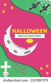 Happy Halloween banner or party invitation background Vector illustration. Scary banners with night clouds, abstract liquid, moonlight, flying bats, and etc. Modern Flat Style. Use for invitation, ads