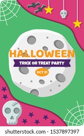 Happy Halloween banner or party invitation background Vector illustration. Scary banners with night clouds, abstract liquid, moonlight, flying bats, and etc. Modern Flat Style. Use for invitation, ads