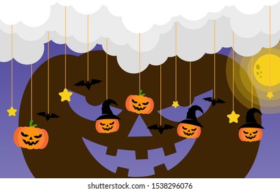 Happy Halloween banner or party invitation background Vector illustration. Scary banners with night clouds, abstract liquid, moonlight, flying bats, and etc. Modern Flat Style. Use for invitation, ads