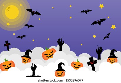 Happy Halloween banner or party invitation background Vector illustration. Scary banners with night clouds, abstract liquid, moonlight, flying bats, and etc. Modern Flat Style. Use for invitation, ads