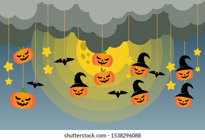 Happy Halloween banner or party invitation background Vector illustration. Scary banners with night clouds, abstract liquid, moonlight, flying bats, and etc. Modern Flat Style. Use for invitation, ads