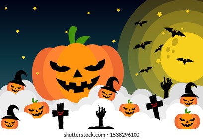 Happy Halloween banner or party invitation background Vector illustration. Scary banners with night clouds, abstract liquid, moonlight, flying bats, and etc. Modern Flat Style. Use for invitation, ads