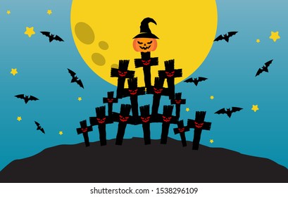 Happy Halloween banner or party invitation background Vector illustration. Scary banners with night clouds, abstract liquid, moonlight, flying bats, and etc. Modern Flat Style. Use for invitation, ads