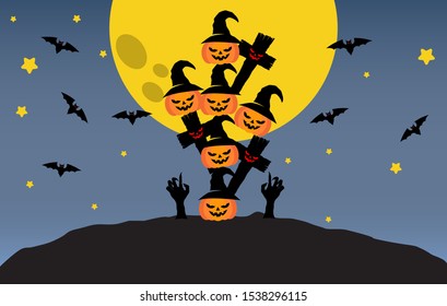 Happy Halloween banner or party invitation background Vector illustration. Scary banners with night clouds, abstract liquid, moonlight, flying bats, and etc. Modern Flat Style. Use for invitation, ads