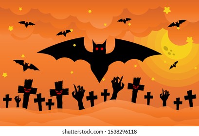 Happy Halloween banner or party invitation background Vector illustration. Scary banners with night clouds, abstract liquid, moonlight, flying bats, and etc. Modern Flat Style. Use for invitation, ads