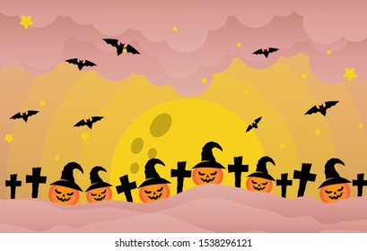 Happy Halloween banner or party invitation background Vector illustration. Scary banners with night clouds, abstract liquid, moonlight, flying bats, and etc. Modern Flat Style. Use for invitation, ads