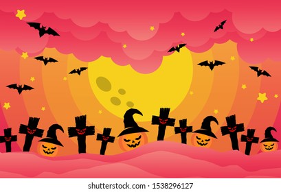 Happy Halloween banner or party invitation background Vector illustration. Scary banners with night clouds, abstract liquid, moonlight, flying bats, and etc. Modern Flat Style. Use for invitation, ads