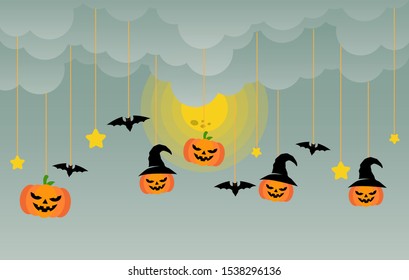 Happy Halloween banner or party invitation background Vector illustration. Scary banners with night clouds, abstract liquid, moonlight, flying bats, and etc. Modern Flat Style. Use for invitation, ads