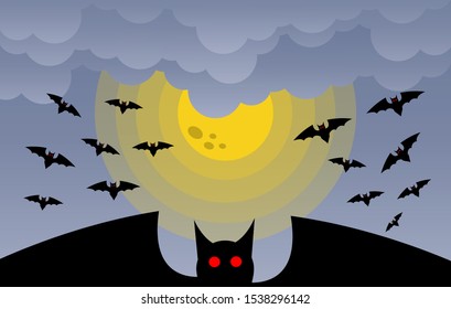 Happy Halloween banner or party invitation background Vector illustration. Scary banners with night clouds, abstract liquid, moonlight, flying bats, and etc. Modern Flat Style. Use for invitation, ads