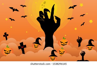 Happy Halloween banner or party invitation background Vector illustration. Scary banners with night clouds, abstract liquid, moonlight, flying bats, and etc. Modern Flat Style. Use for invitation, ads