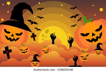 Happy Halloween banner or party invitation background Vector illustration. Scary banners with night clouds, abstract liquid, moonlight, flying bats, and etc. Modern Flat Style. Use for invitation, ads