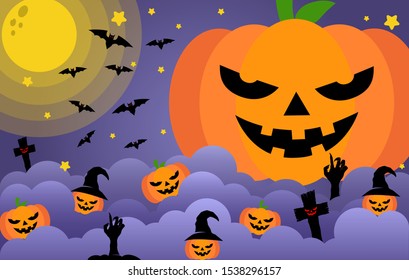 Happy Halloween banner or party invitation background Vector illustration. Scary banners with night clouds, abstract liquid, moonlight, flying bats, and etc. Modern Flat Style. Use for invitation, ads