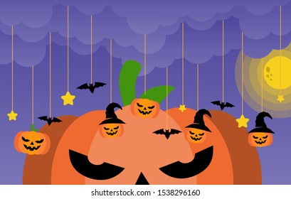 Happy Halloween banner or party invitation background Vector illustration. Scary banners with night clouds, abstract liquid, moonlight, flying bats, and etc. Modern Flat Style. Use for invitation, ads