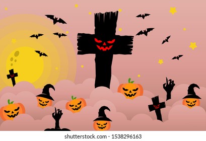 Happy Halloween banner or party invitation background Vector illustration. Scary banners with night clouds, abstract liquid, moonlight, flying bats, and etc. Modern Flat Style. Use for invitation, ads