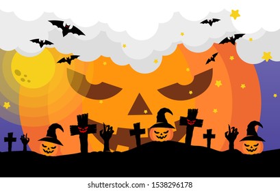 Happy Halloween banner or party invitation background Vector illustration. Scary banners with night clouds, abstract liquid, moonlight, flying bats, and etc. Modern Flat Style. Use for invitation, ads