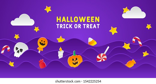 Happy halloween banner or party invitation background with clouds bats candy skull and pumpkins in paper cut style with gradient