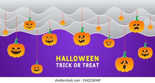 Happy halloween banner or party invitation background with clouds stars and pumpkins in paper cut style with gradient