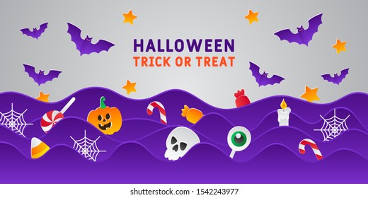 Happy halloween banner or party invitation background with clouds bats candy skull and pumpkins in paper cut style with gradient