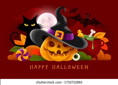 Happy Halloween banner or party invitation background with pumpkin, black cat and other holiday subjects. Full moon in the sky with clouds and flying bats. Place for text. Vector illustration. 