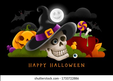 Happy Halloween banner or party invitation background with pumpkin, skull in witch hat and other holiday subjects. Moon in the sky with clouds and flying bats. Place for text. Vector illustration. 