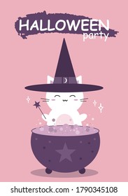 Happy Halloween banner or party invitation card. Cute white cat prepares potion and conjures. Baby collection. Funny cartoon character