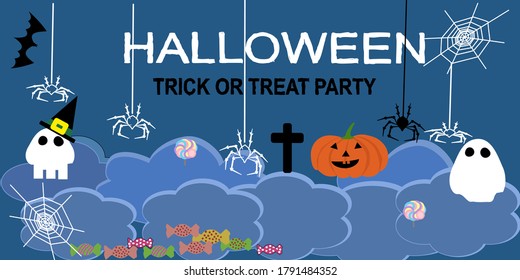 Happy Halloween banner or party invitation background with spiders web and flying bats pumpkin and clouds in paper cut style .Place for text.