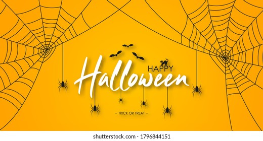 Feliz banner de Halloween o invitación de fiesta. Grabados de Halloween con arañas, telaraña, murciélago y gato con fondo naranja con sombra. Ilustración vectorial.