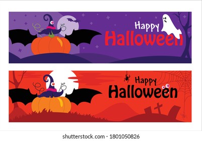 Happy Halloween banner or party invitation color background with Pumpkin. Grave, cross, moon, flying bats and spider web in flat design. Vector cartoon. Place for text