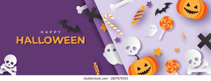 Happy Halloween banner or party invitation background with pumpkins in paper cut style. Bats, candies, ghosts, skulls and stars. Place for text. Vector illustration.