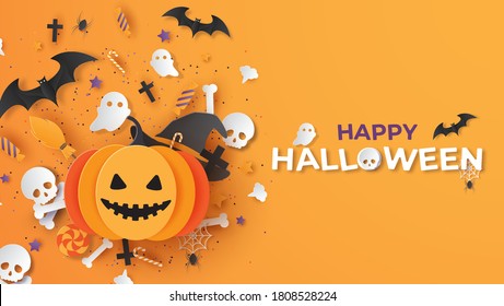 Happy Halloween Banner Or Party Invitation Background. Graphic Design For Halloween Festival. Greeting Card For Celebration On Halloween. Cute Halloween. Paper Cut And Craft Style. Vector Illustration