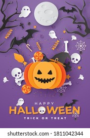 Happy Halloween Banner Or Party Invitation Background. Graphic Design For Halloween Festival. Greeting Card For Celebration On Halloween. Cute Halloween. Paper Cut And Craft Style. Vector Illustration