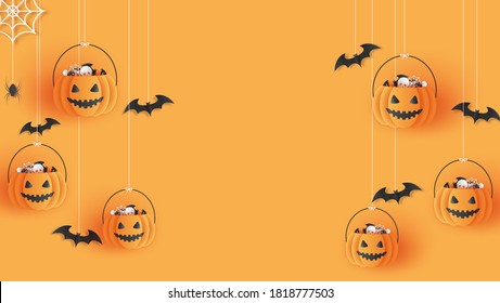 Happy Halloween banner or party invitation background with bats and pumpkins filled with Halloween decorations in paper cut style. Vector illustration. Place for text