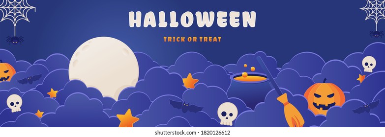 Happy Halloween banner or party invitation background with night clouds, moon, pumpkin, skull, spider web Vector illustration. Full moon in the sky, spiders web and flying bats. Place for text