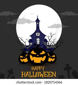 Happy Halloween banner or party invitation background with pumpkins. Vector illustration. spiders web and flying bats. Place for text