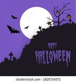 Happy Halloween banner or party invitation background with pumpkins. Vector illustration. spiders web and flying bats. Place for text