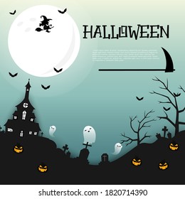 Happy Halloween banner or party invitation background with pumpkins. Vector illustration. spiders web and flying bats. Place for text