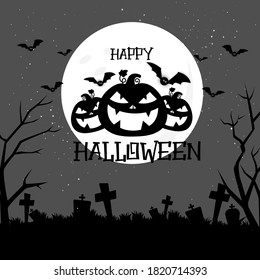 Happy Halloween banner or party invitation background with pumpkins. Vector illustration. spiders web and flying bats. Place for text