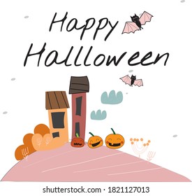 Happy Halloween banner or party invitation background with night clouds and pumpkins in paper cut style. Vector illustration. Full moon in the sky, spiders web and flying bats. Place for text