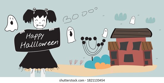 Happy Halloween banner or party invitation background with night clouds and pumpkins in paper cut style. Vector illustration. Full moon in the sky, spiders web and flying bats. Place for text