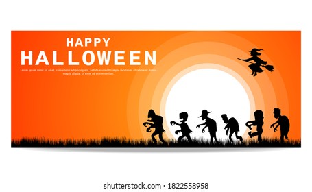 happy halloween banner or party invitation background with zombie silhouette illustrations